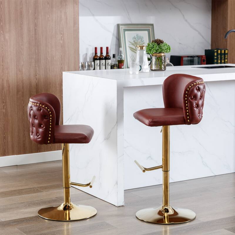 Modern Swivel Barstools, Tufted Back Upholstered Dining Chair, Leather High Bar Chair Adjustable Height, Set of 2
