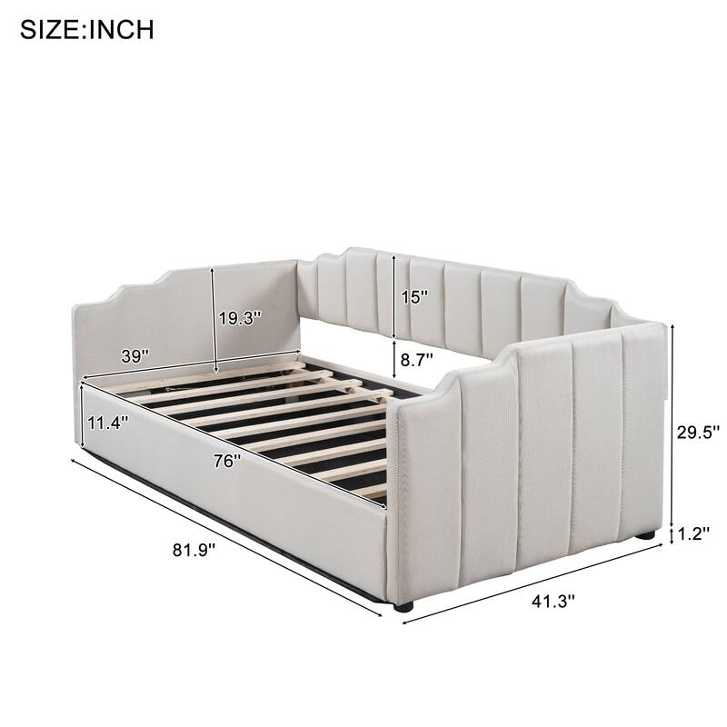 Modern Twin Size Platform Bed Frame with Underneath Storage and Wood Slatted Support Upholstered Daybed, Beige