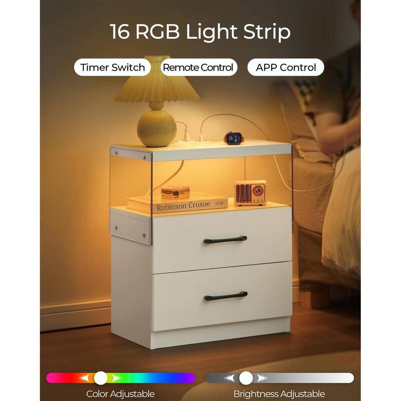LED Nightstand with Adjustable Colors, 2 Drawers & Power Outlets