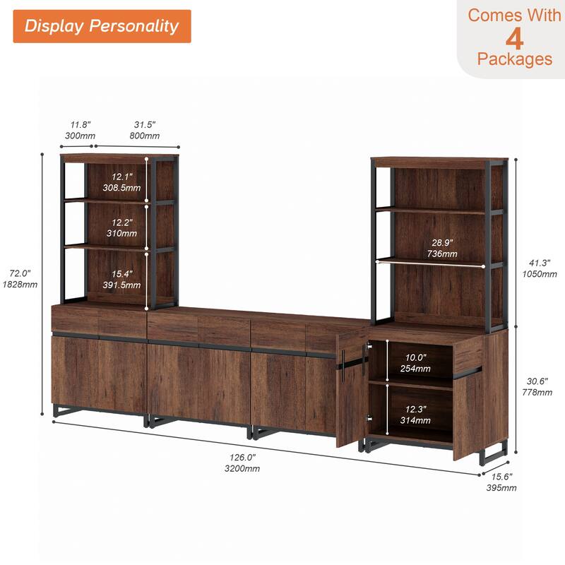 WAMPAT Modern TV Stand with 3 Tiers Bookshelf, Farmhouse Entertainment Center with 4 Large Storage Cabinets and Adjustable Shelf