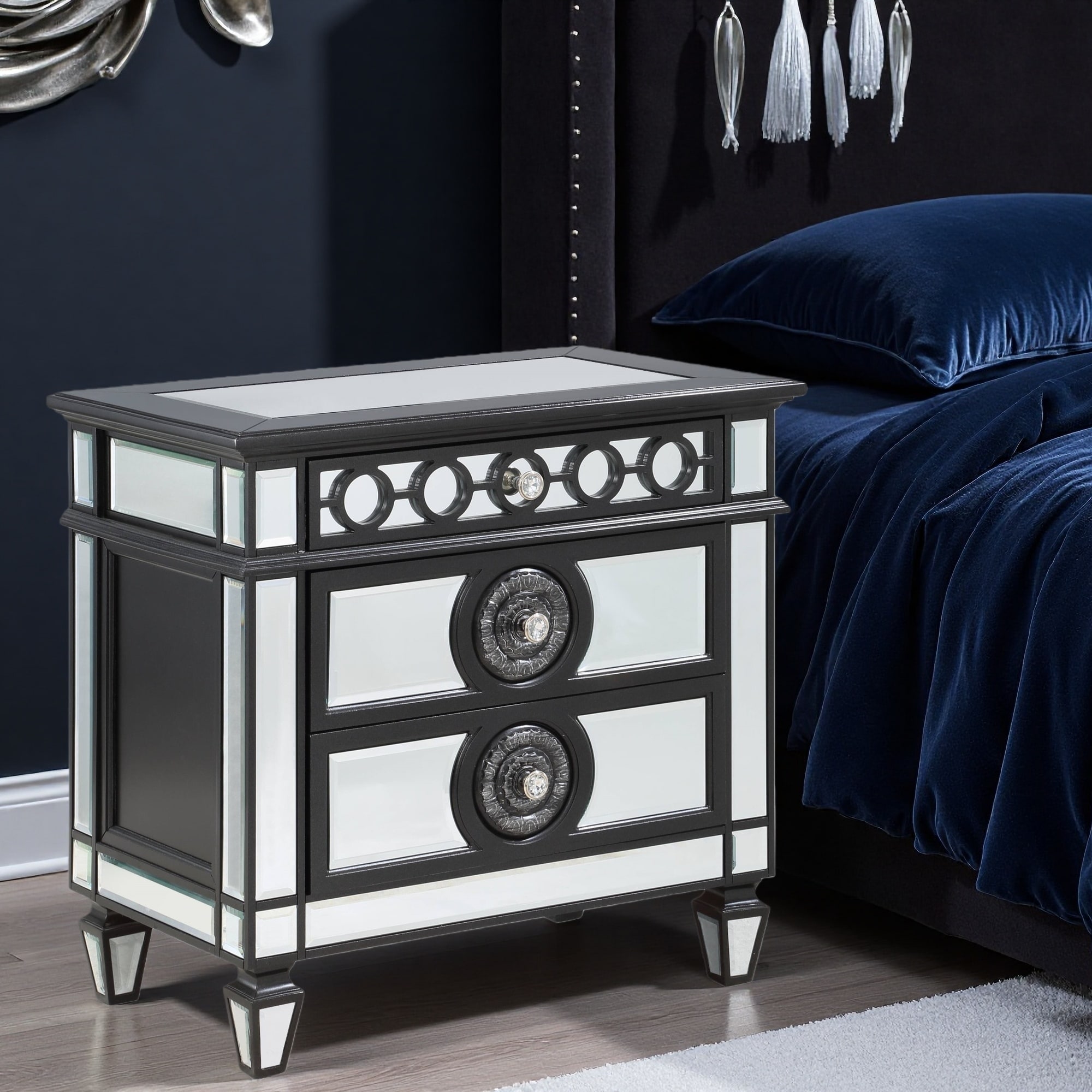 32"L Mirrored Wooden Nightstand with 2 Drawers, Crystal Knobs, Raised Geometric Trim, Glam Luxury Bedroom Furniture