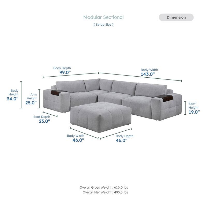 Mackay 143" Textured 5-Piece Modular Sectional Sofa with Ottoman