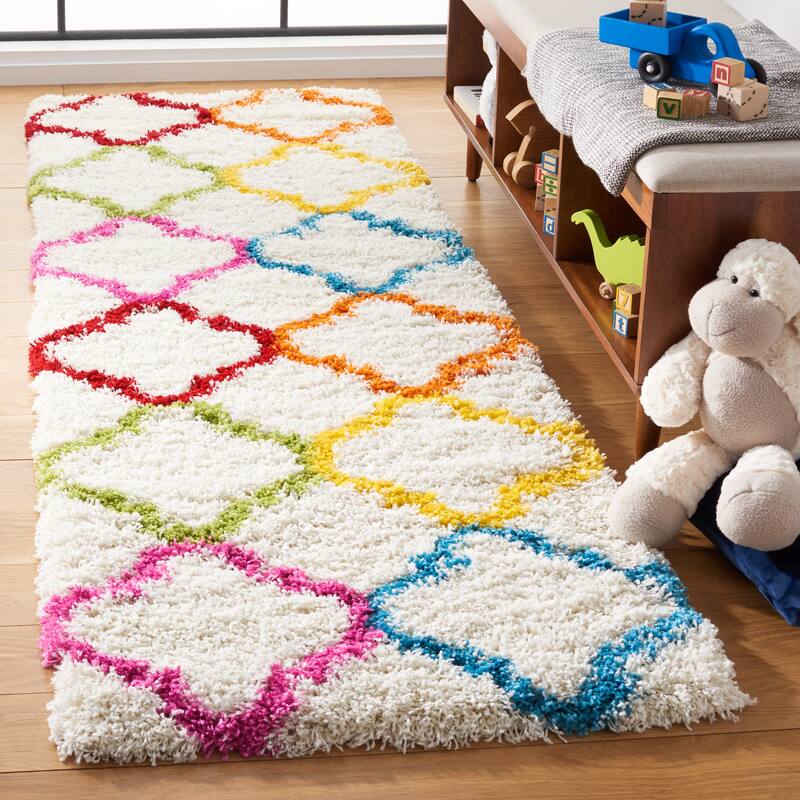 SAFAVIEH Kids Shag Terri Geometric Nursery Playroom 2-inch Thick - 2' 3" x 5' - Ivory/Multi - Runner/Rectangle