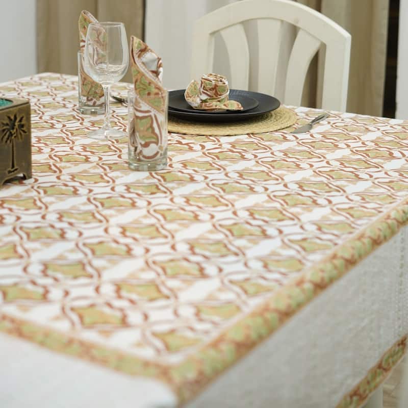 Fabdivine Handmade Block Print Cotton Table Cover Farmhouse Dining Kitchen Decor Gift - 70"X108" - Hridyavan- Mustard, Brown, Green