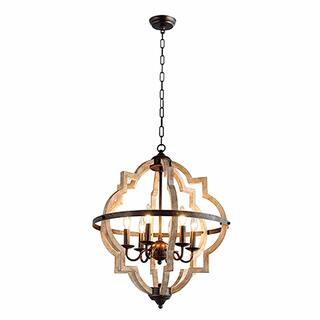 6 Light Candle Chandelier in Black and Gold spots with ornamental shaped vintage wood globe