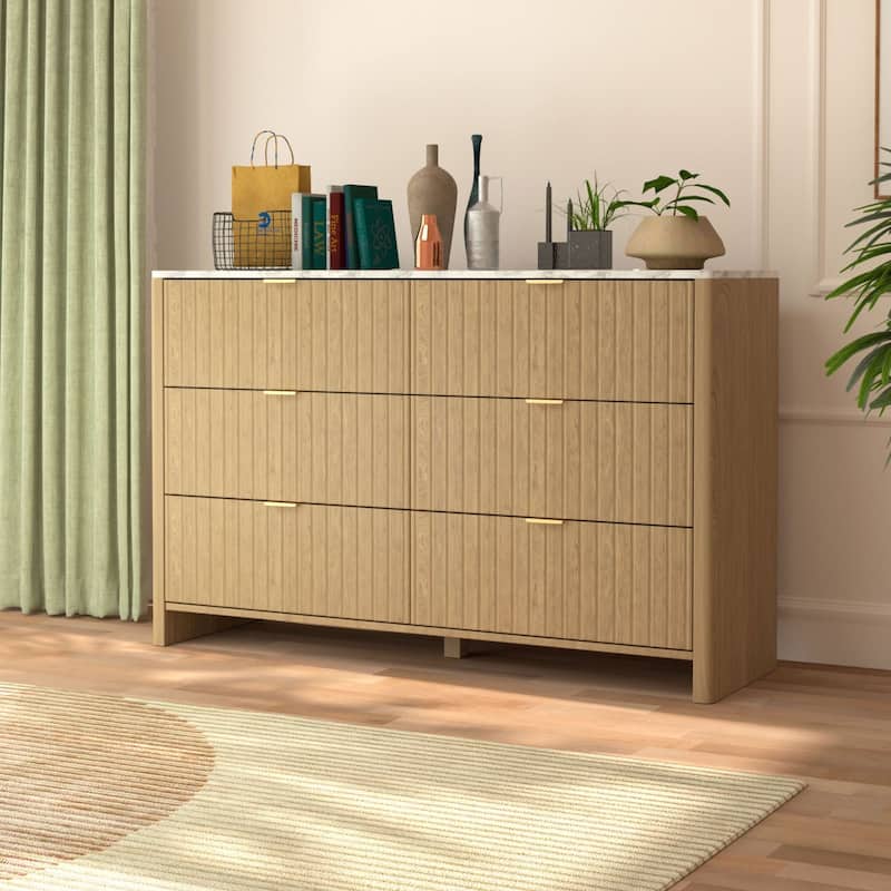 VEIKOUS 6-Drawer Dresser for Bedroom, Wooden Chest of Drawers with White Faux Marble Top