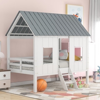 Twin Size Loft House Bed with Roof and Two Front Windows - Bed Bath ...