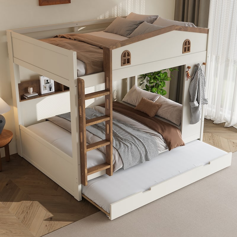 Queen over Queen Bunk Bed with Trundle, Shelves and Hooks