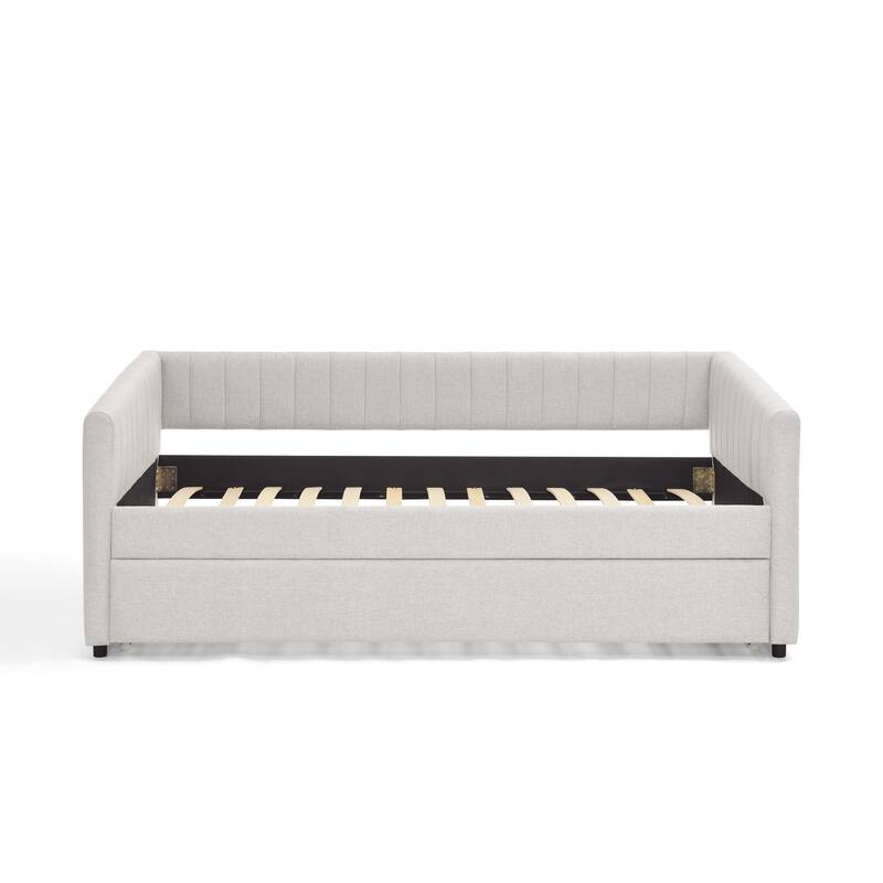 Roomfitters Twin/Full Daybed with Trundle Upholstered Sofa Bed Frame with Vertical Stripes Linen Design, Grey