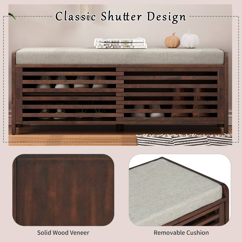 Shoe Storage Bench Entryway Bench with Cushion, Sliding Door