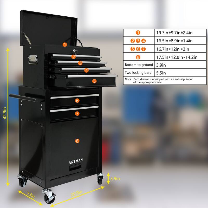 Detachable 6 Drawer Rolling Tool Cart w/ Bottom Cabinet,Foldable Doors