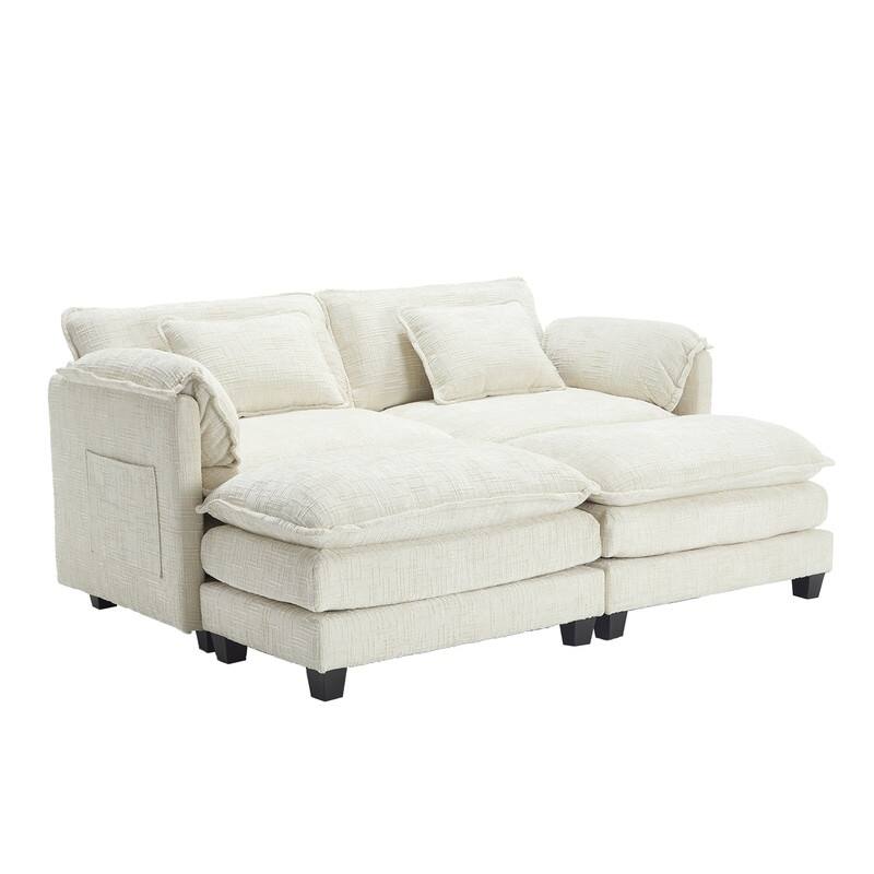 76.77" Chenille Upholstered Sofa with 2 Ottomans