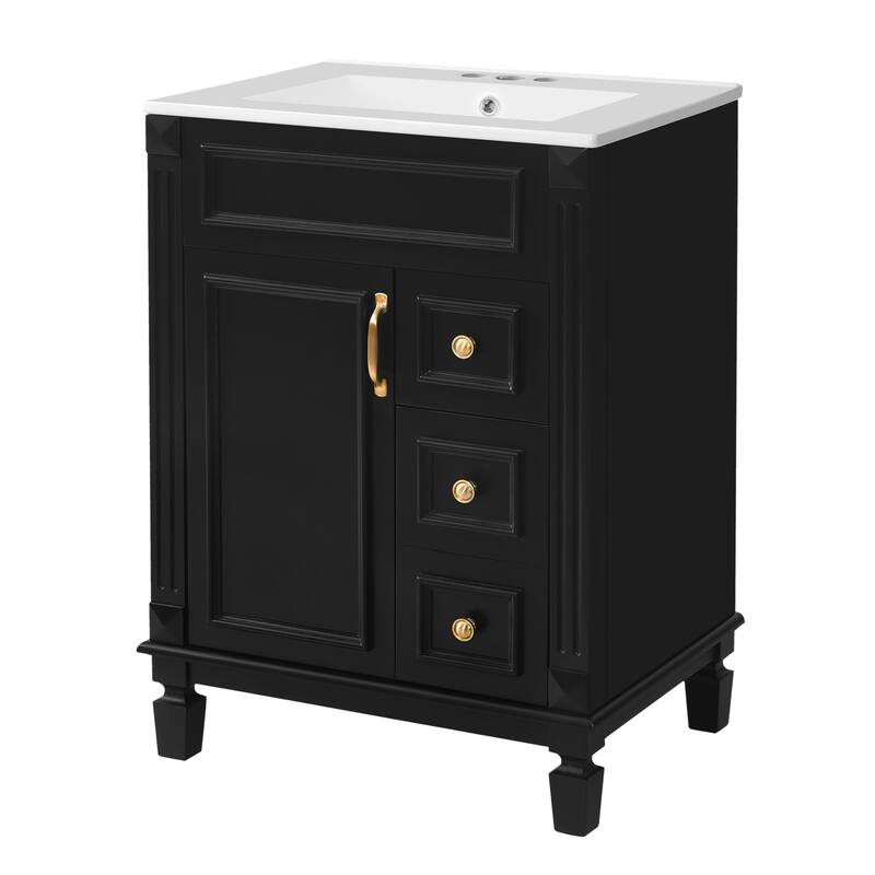 24" Bathroom Vanity With Ceramic Sink,Small Bathroom Sink Cabinet,Modern Cabinet With 2 Drawers And Adjustable Shelf