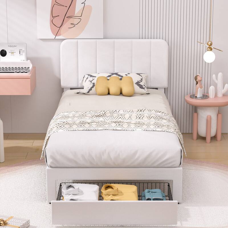 VECELO 2-Pack Kid Bed Frame Set Twin Size Platform Bed with Adjustable Upholstered Headboard Storage Drawer No Box Spring Needed