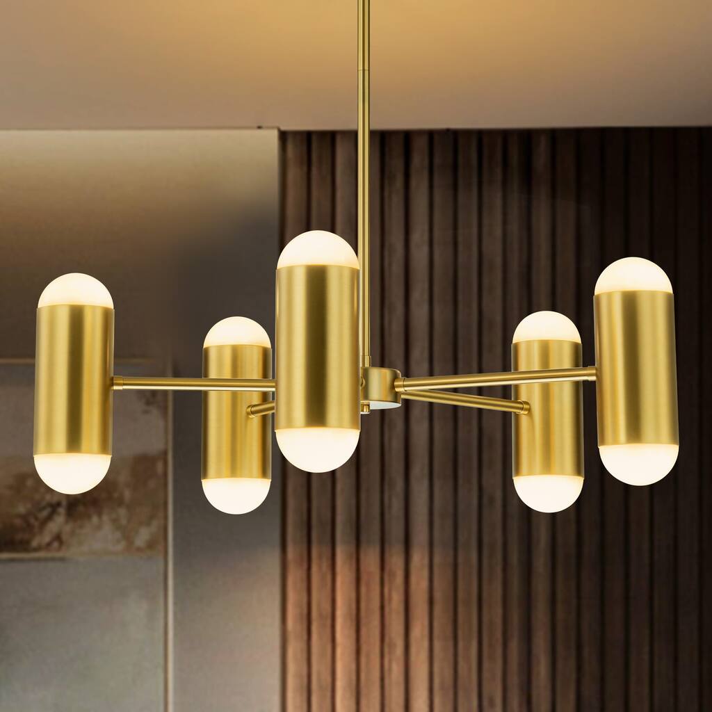 5-Light Black/ Gold Modern Sputnik Round Wheel Pendant Cylinder Integrated LED 3000K Warm Light Chandelier