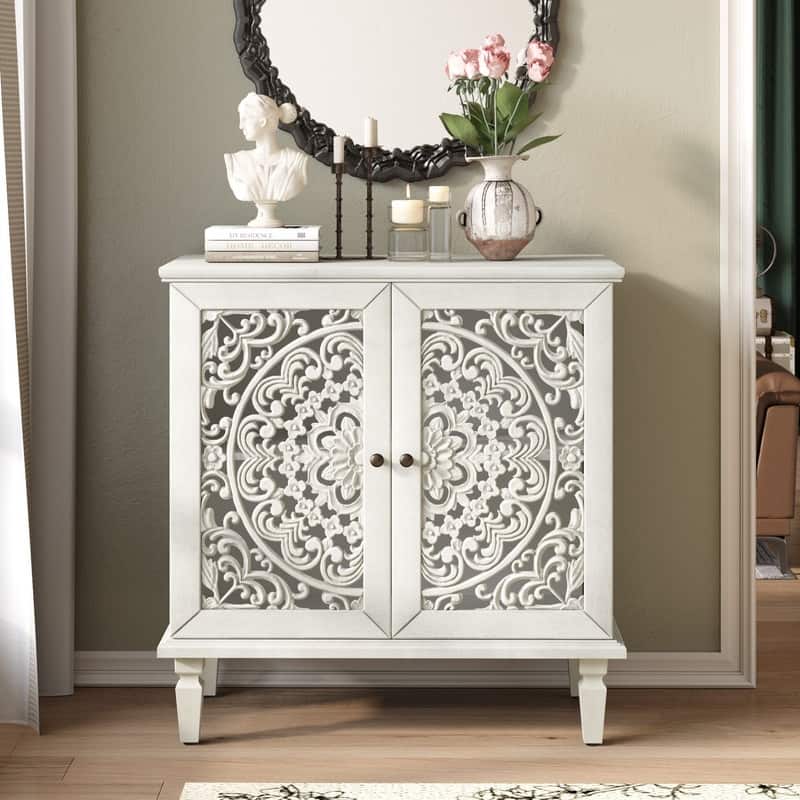 2-Door Vintage Hollow-Carved Accent Cabinet with Symmetrical Floral Design and Adjustable Storage Shelf