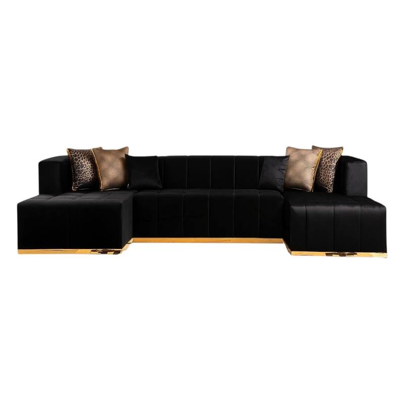HomeRoots Black Velvet U Shaped Three Piece Sofa and Chaise Sectional With Toss Pillows