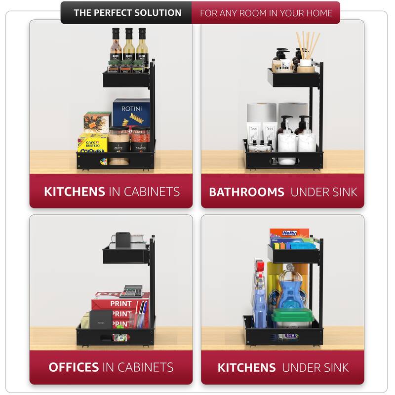 Sorbus Under Sink Organizer with Sliding Tracks and Adhesive Tape, 2-Tier Metal Pull Out Storage Rack