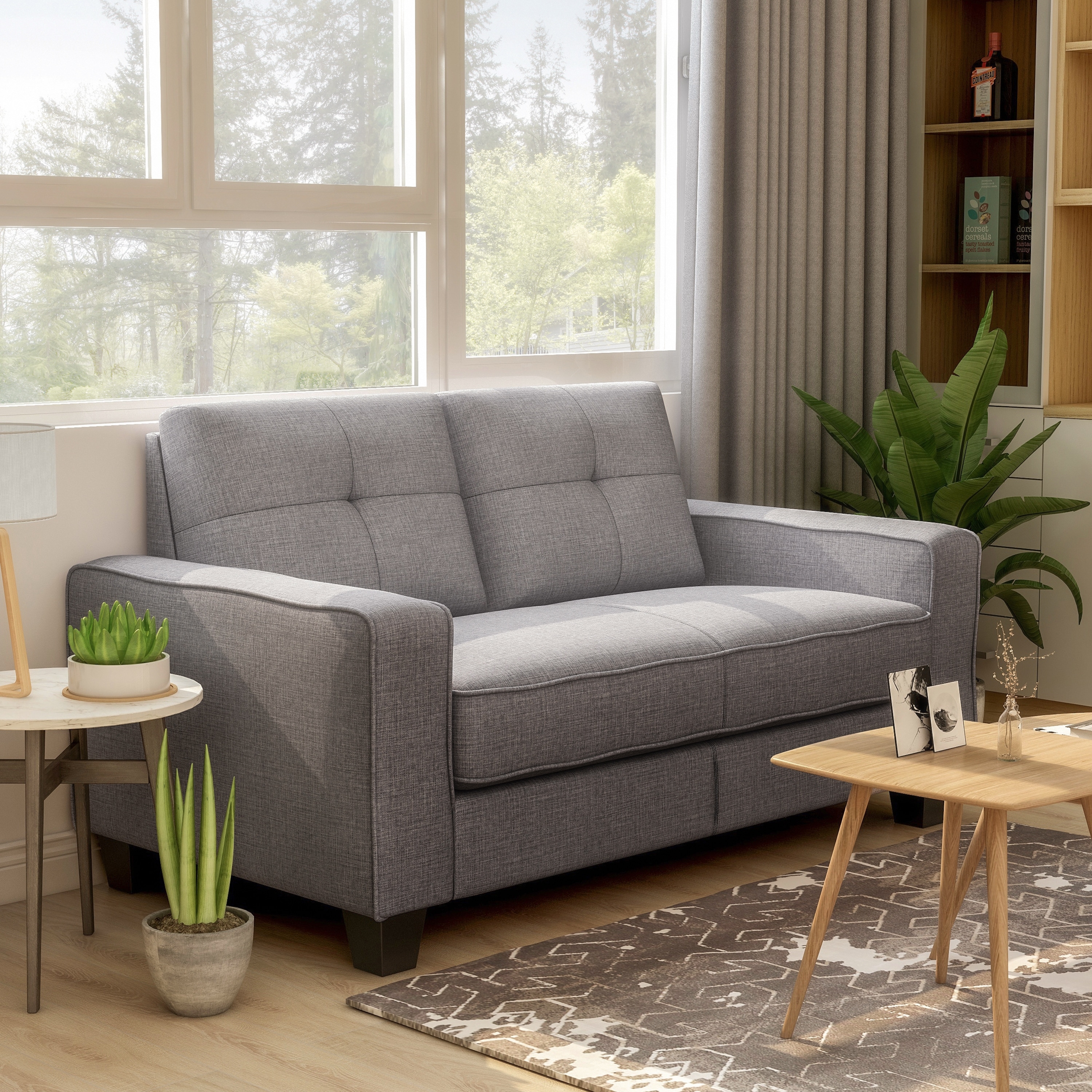 Furniture of America Lowery Modern Grey Fabric Upholstered Track Arms Tufted Back Loveseat