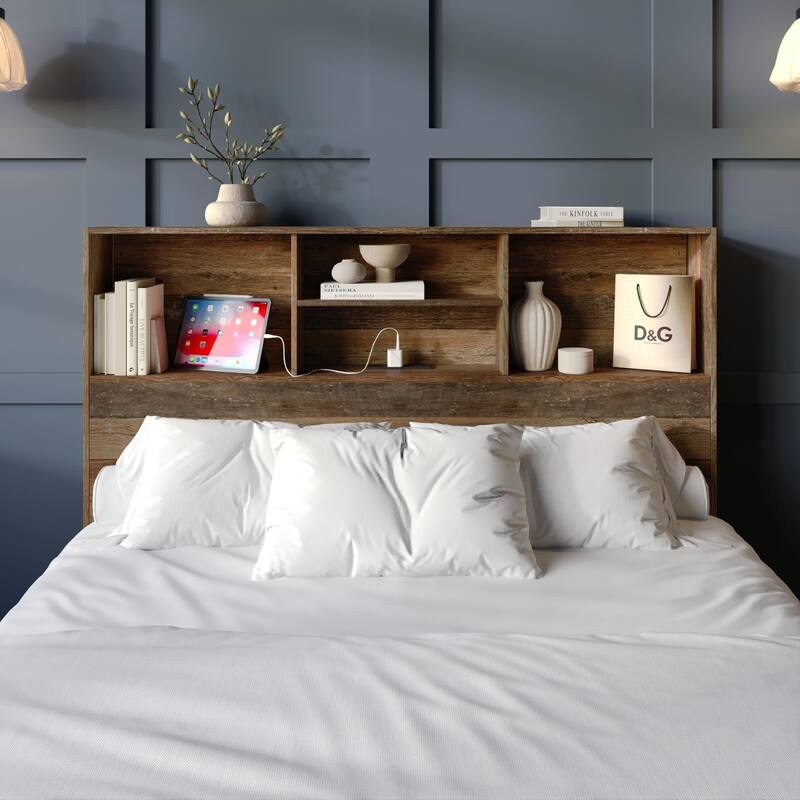 Clayfell Pomona Freestanding Storage Headboard with Shelving - Vintage Oak - King
