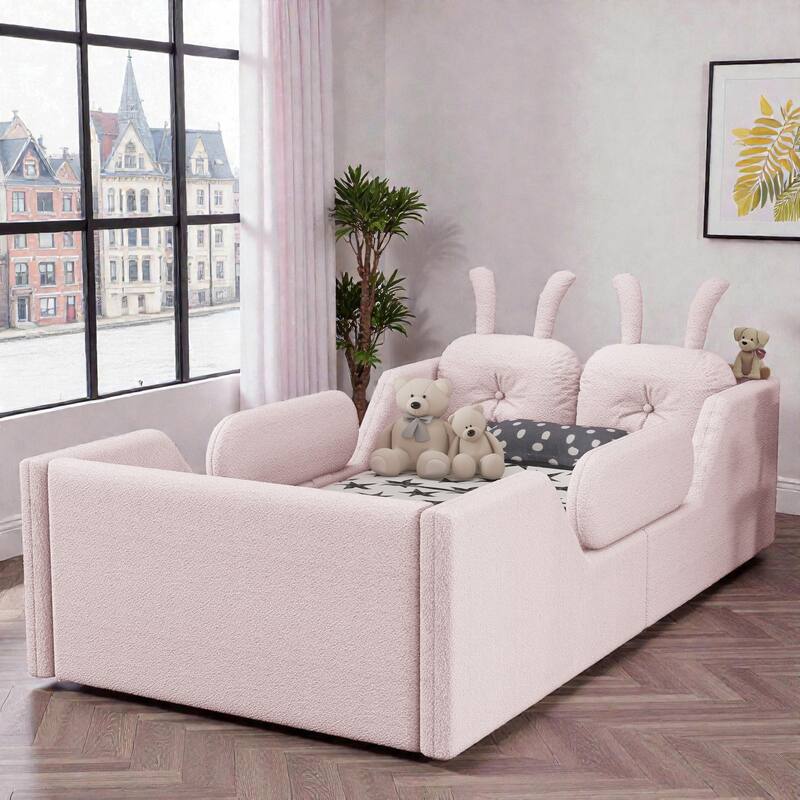 Twin Size Upholstered Floor Bed for Kids with Removable Side Rails, Soft Teddy Fabric Platform Bed - Pink - Twin