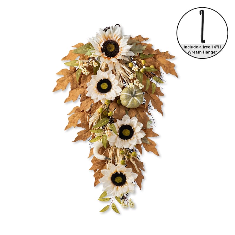 Glitzhome 26"H Fall Sunflower Pumpkin Lotus Leaf Teardrop Swag for Thanksgiving - White Sunflower