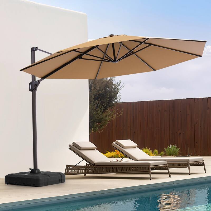 Outdoor 11 Ft Patio Cantilever 360 Degree Rotation Offset Umbrella with Base