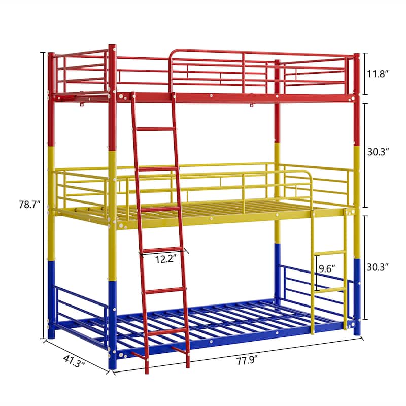 Metal Triple Bunk Bed,Twin Over Twin Bunk Bed for 3, 3 Beds with Guardrail and Ladder, Heavy Duty Triple Bed Frame for Teenagers