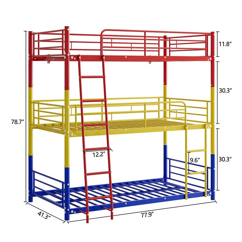 Triple Twin Bunk Beds,Twin Over Twin Over Twin Metal Bunk Bed Platform Frame,3 Bed Bunk Beds with Guardrails,Ladder & Storage