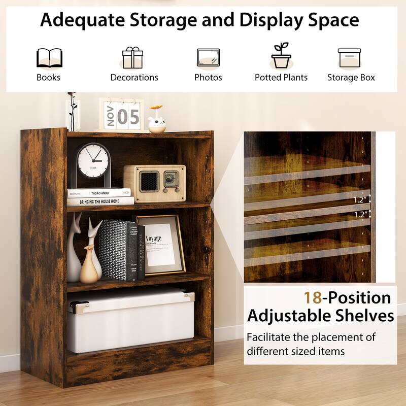 Engineered Wood 3-Tier Bookcase with Adjustable Shelves