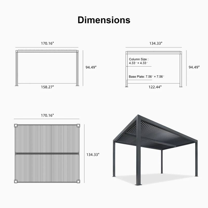 PURPLE LEAF Gray Louvered Pergola Outdoor Aluminum Pergola with Adjustable Roof for Patio Grey Hardtop Gazebo