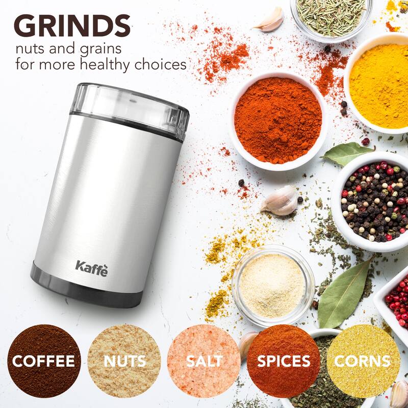 Electric Coffee Grinder by Kaffe Stainless Steel 3oz Capacity with Easy On/Off Button Cleaning Brush Included