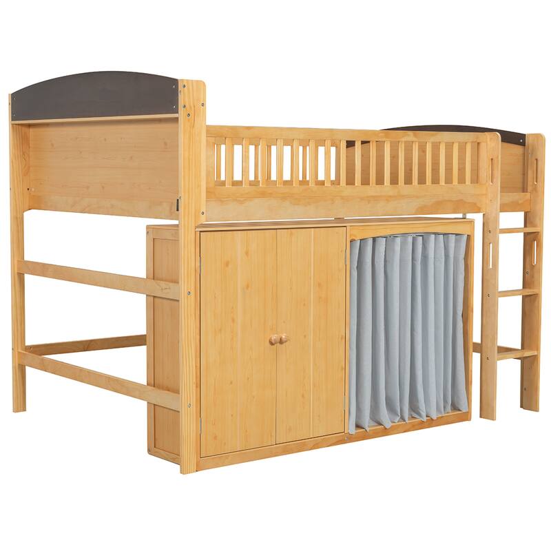Kids Wooden Loft Bed with Double Door Wardrobe, Storage Headboard Built-in LED, Storage Cabinet and Curtain for Children's Room