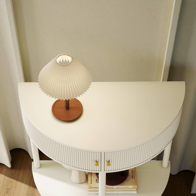 31.5" Half Moon Console Table with 3D Wave Pattern, 2 Drawers and Bottom Shelf, Artisan-Crafted Entryway Accent Table