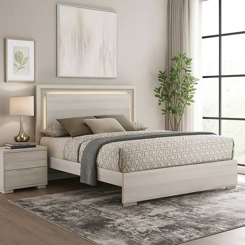 Nomi Queen Size Bed w LED on Headboard, Antique White Wash Finsih