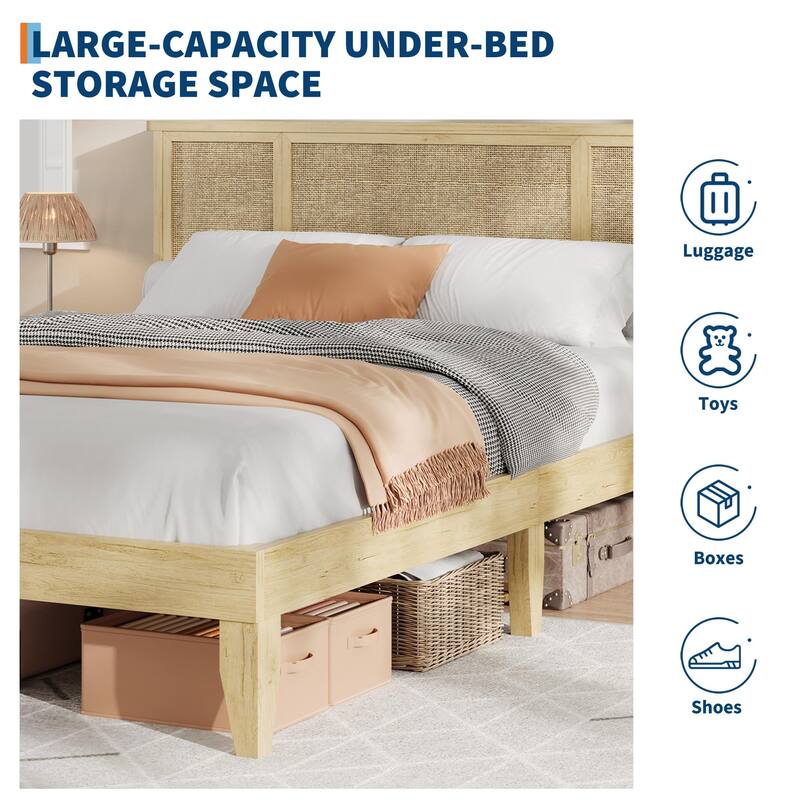 Boho Rattan Headboard Bed Frame with Under-Bed Storage, Sturdy Steel Base & Wooden Slats, No Box Spring Needed