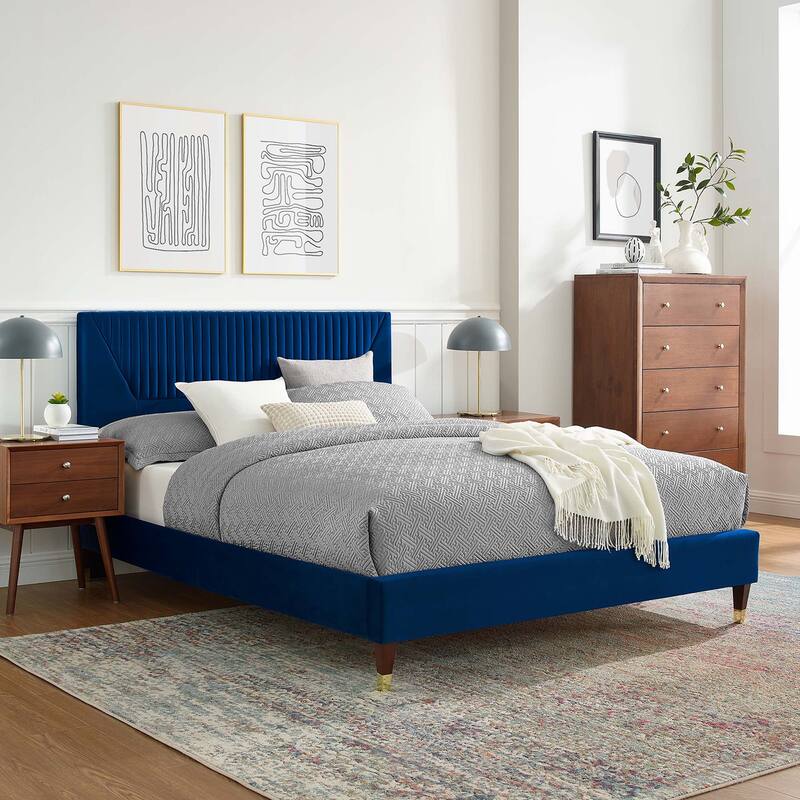 Yasmine Channel Tufted Performance Velvet Queen Platform Bed
