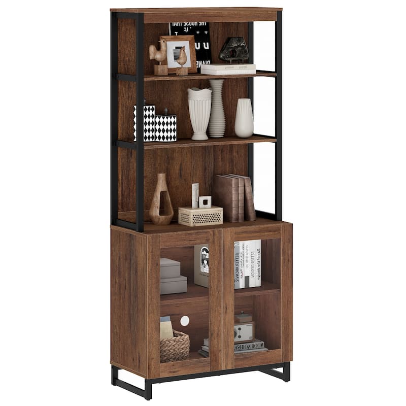 Modern 72" Tall Bookcase with Glass Doors and Adjustable Shelves for Home Office, Living room.