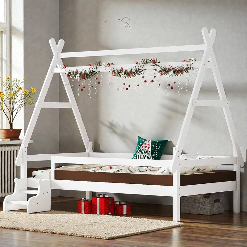 Twin/Full House Platform Bed with Stairs, Solid Wood Low Profile Kids Bed Frame, Fun Playhouse Design for Children - Light White - Twin