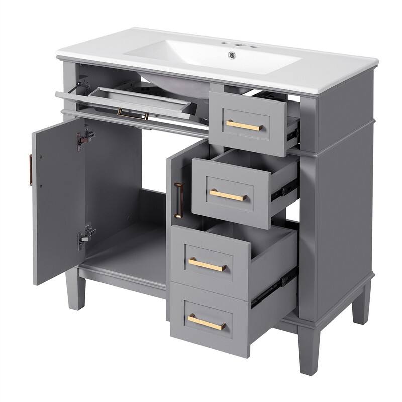 36" Bathroom Vanity with Ceramic Sink, Freestanding Bathroom Vanity Cabinet with 2 Soft Close Doors and 4 Storage Drawers