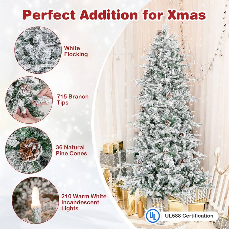 6 FT/7.5FT Pre-Lit Christmas Tree Snow Flocked w/ 715/1107 Branch Tips