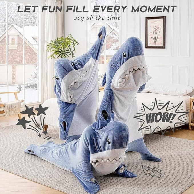 Shark Snuggle Hoodie with Shiny Eyes and Teeth, Flannel Shark Blanket, Shark Onesie Sleeping Bag