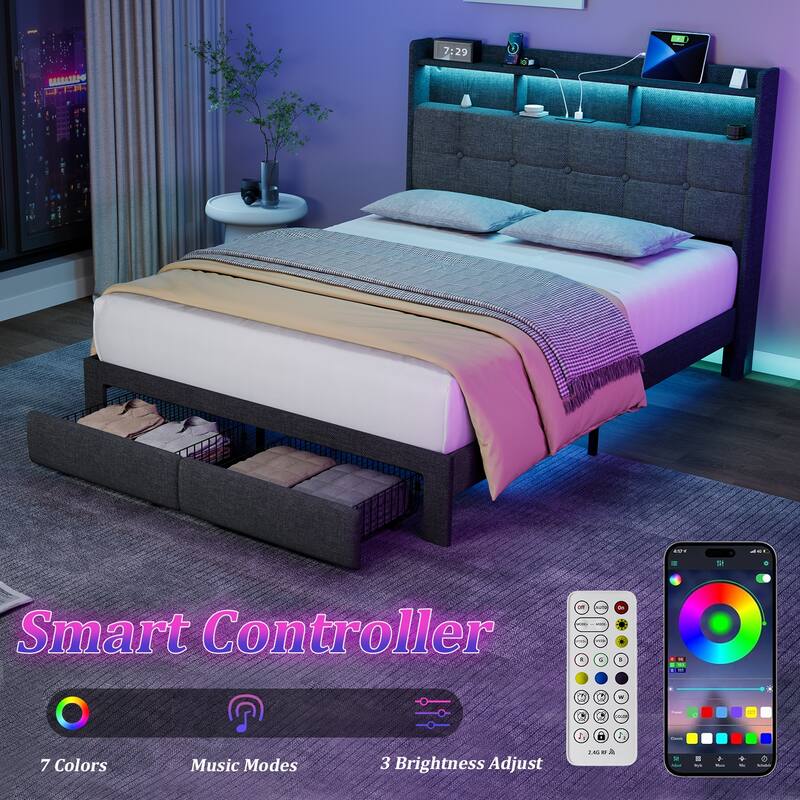 King Size Upholstered Platform Bed with LED Lights, Charging Station & Storage Headboard, No Box Spring Needed