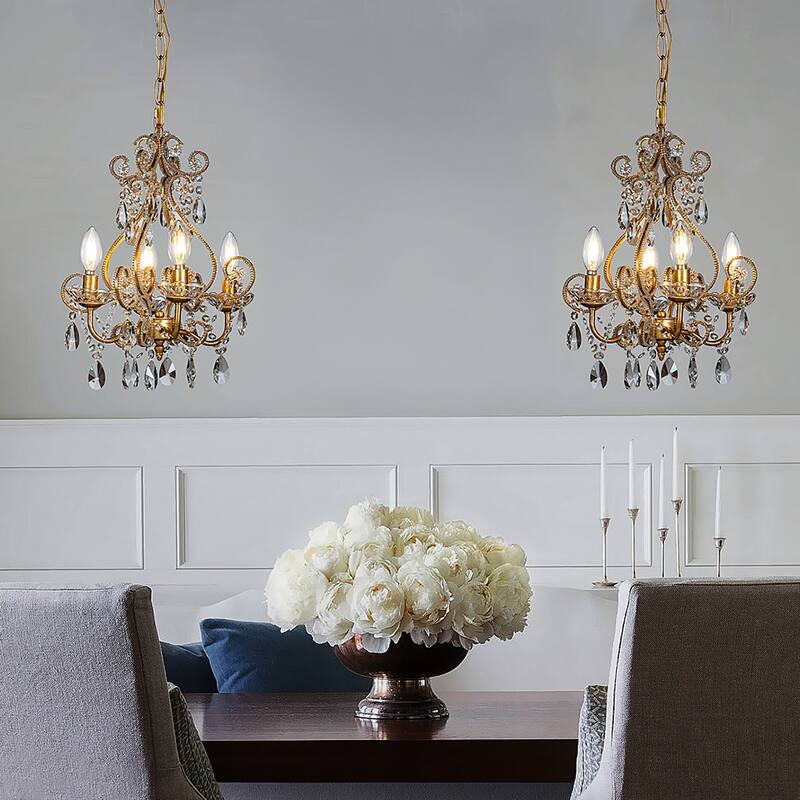 3/4-Lights Vintage Small Candlestick Crystal Chandelier in Antique Gold - W14''