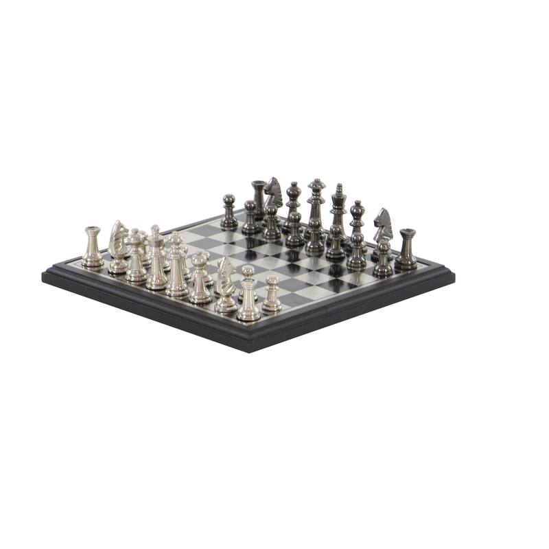 Aluminum Metal Chess Game Set with Black and Silver Pieces - Silver - Roche River Decor