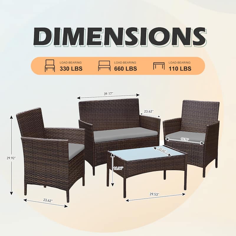 4 Piece Outdoor Patio Furniture Set With Cushions, Patio Wicker Conversation Set & Glass Coffee Table