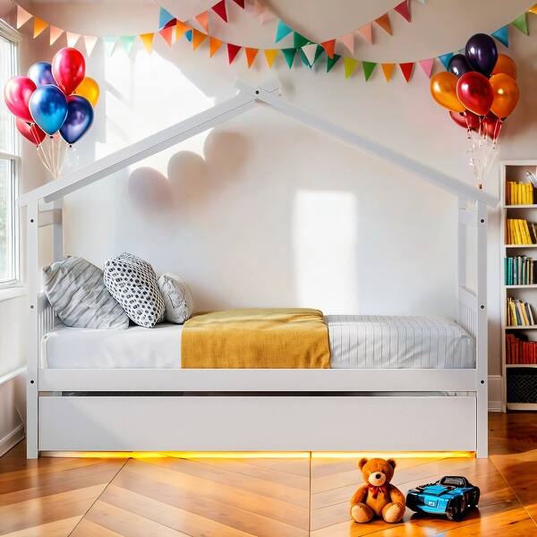 slide 2 of 14, Twin Size Wooden House Bed Platform Bed with Twin Size Trundle and Solid Construction For Home White