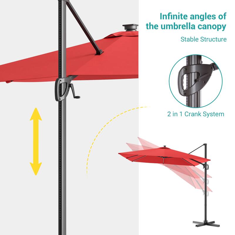 BONOSUKI Solar-powered 10x8ft Cantilever Patio Umbrella, Ultimate Outdoor Comfort with 360° Rotation and Canopy Angle Adjustment
