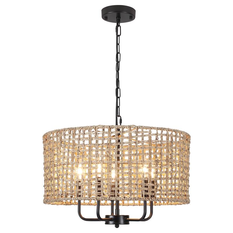 5-Light 18.89-inch Rattan Drum Chandelier for Living Room Kitchen