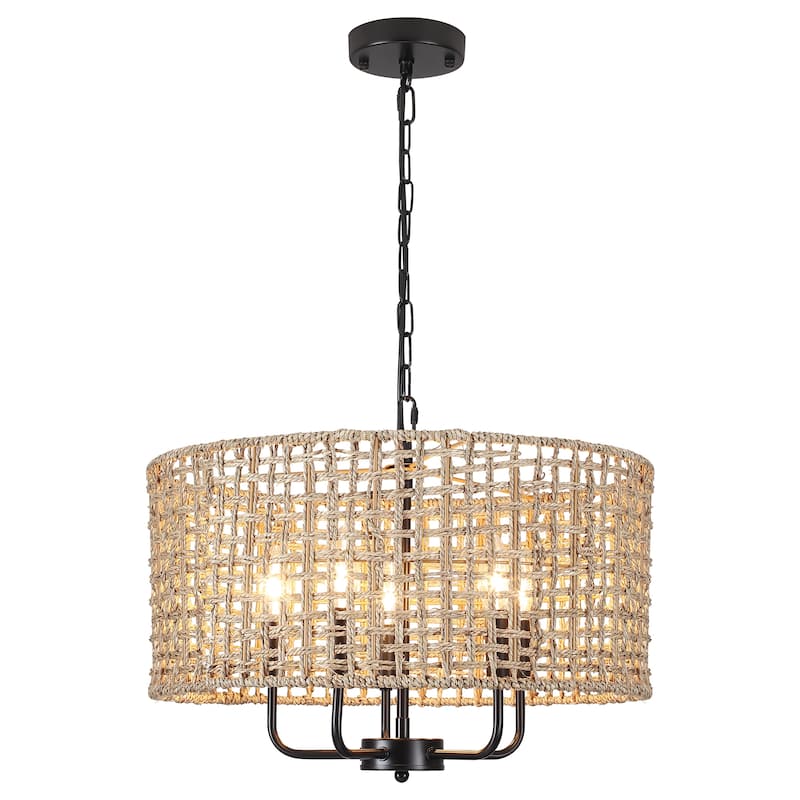 5 - Light Dimmable Drum Chandelier Natural Rattan Bohemian & Coastal Pendant - 18.9 in